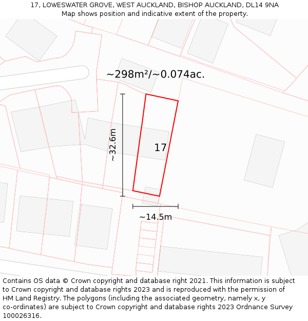 17, LOWESWATER GROVE, WEST AUCKLAND, BISHOP AUCKLAND, DL14 9NA: Plot and title map