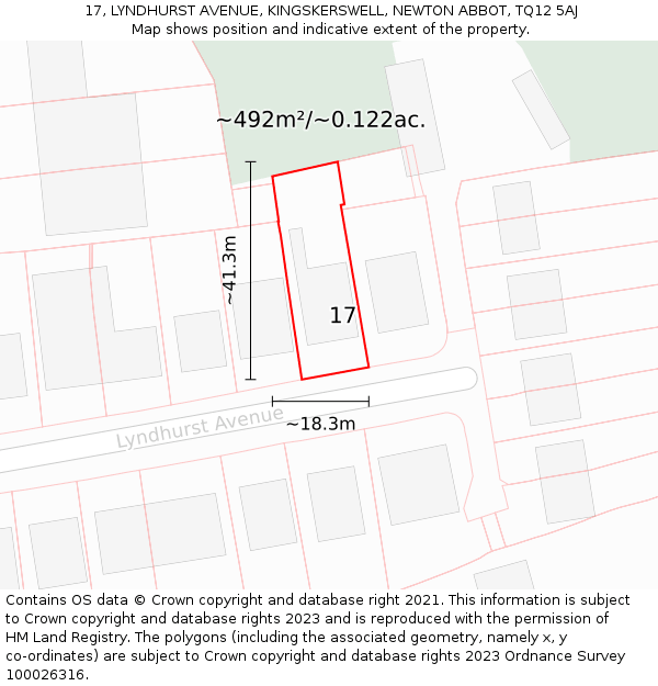 17, LYNDHURST AVENUE, KINGSKERSWELL, NEWTON ABBOT, TQ12 5AJ: Plot and title map
