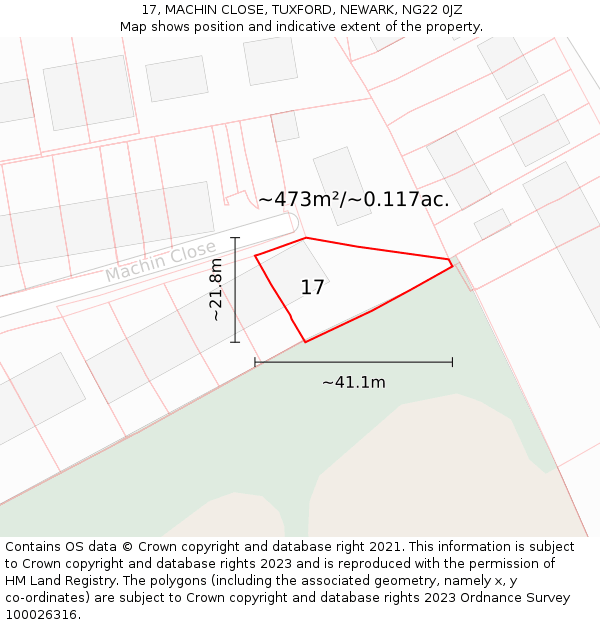 17, MACHIN CLOSE, TUXFORD, NEWARK, NG22 0JZ: Plot and title map