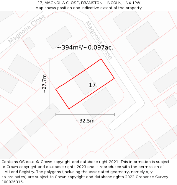 17, MAGNOLIA CLOSE, BRANSTON, LINCOLN, LN4 1PW: Plot and title map