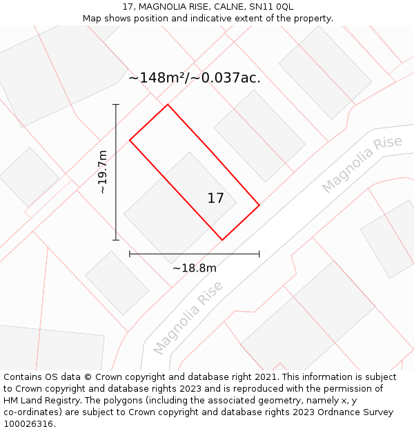 17, MAGNOLIA RISE, CALNE, SN11 0QL: Plot and title map