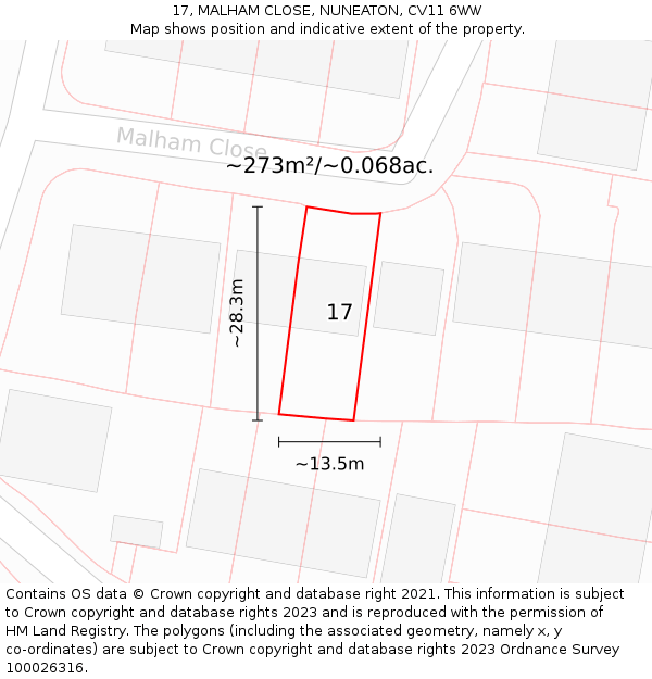 17, MALHAM CLOSE, NUNEATON, CV11 6WW: Plot and title map