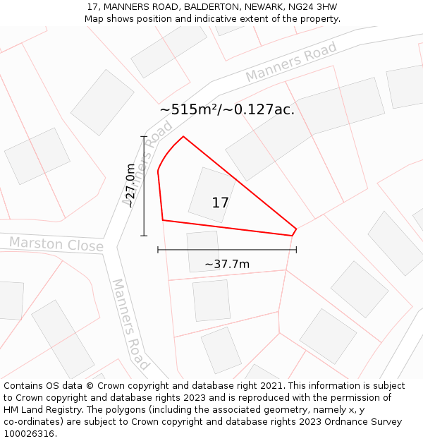 17, MANNERS ROAD, BALDERTON, NEWARK, NG24 3HW: Plot and title map