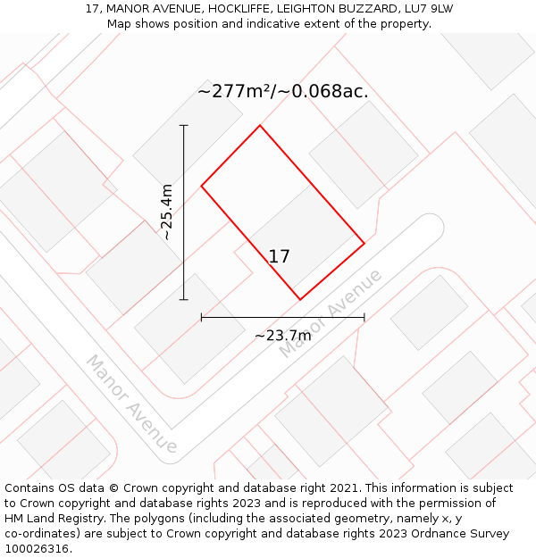17, MANOR AVENUE, HOCKLIFFE, LEIGHTON BUZZARD, LU7 9LW: Plot and title map