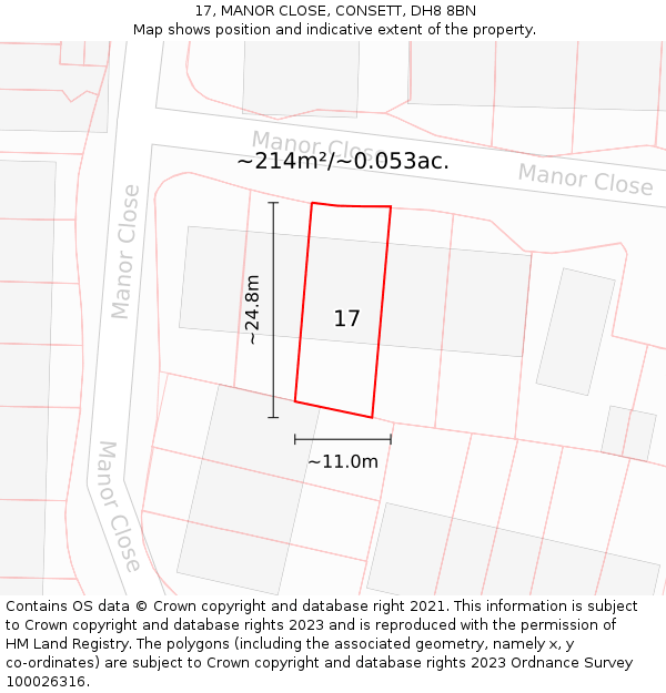 17, MANOR CLOSE, CONSETT, DH8 8BN: Plot and title map