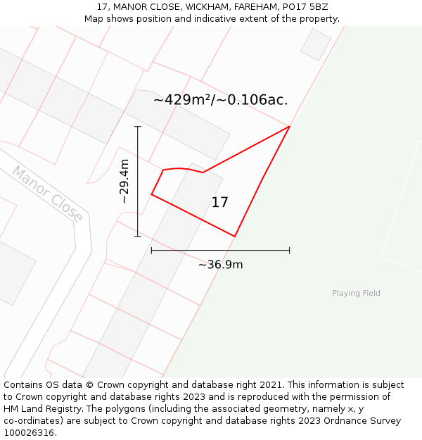 17, MANOR CLOSE, WICKHAM, FAREHAM, PO17 5BZ: Plot and title map