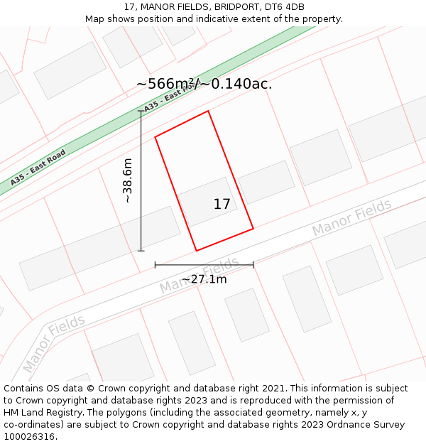 17, MANOR FIELDS, BRIDPORT, DT6 4DB: Plot and title map