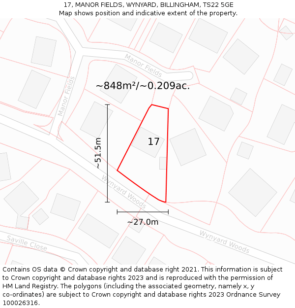 17, MANOR FIELDS, WYNYARD, BILLINGHAM, TS22 5GE: Plot and title map