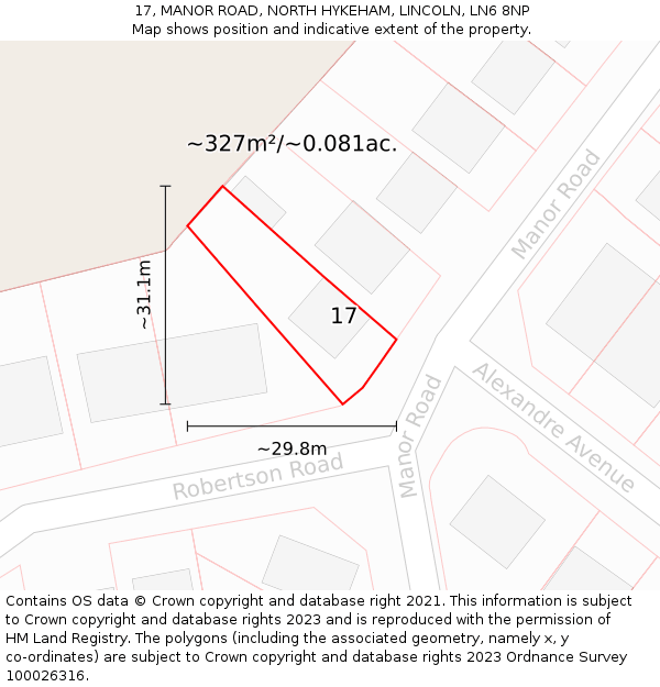 17, MANOR ROAD, NORTH HYKEHAM, LINCOLN, LN6 8NP: Plot and title map