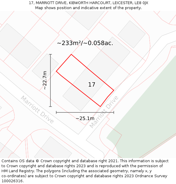 17, MARRIOTT DRIVE, KIBWORTH HARCOURT, LEICESTER, LE8 0JX: Plot and title map