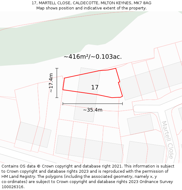 17, MARTELL CLOSE, CALDECOTTE, MILTON KEYNES, MK7 8AG: Plot and title map