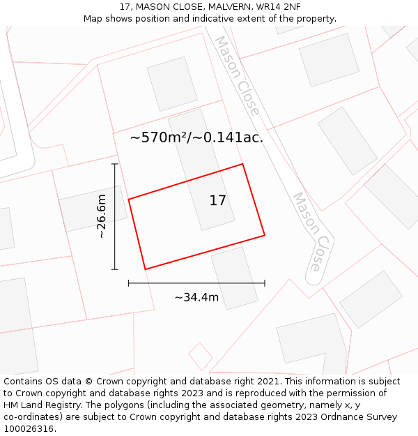 17, MASON CLOSE, MALVERN, WR14 2NF: Plot and title map