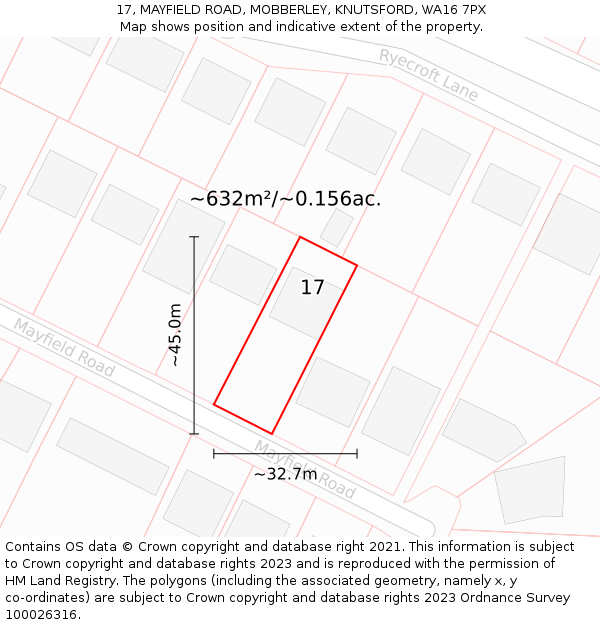 17, MAYFIELD ROAD, MOBBERLEY, KNUTSFORD, WA16 7PX: Plot and title map