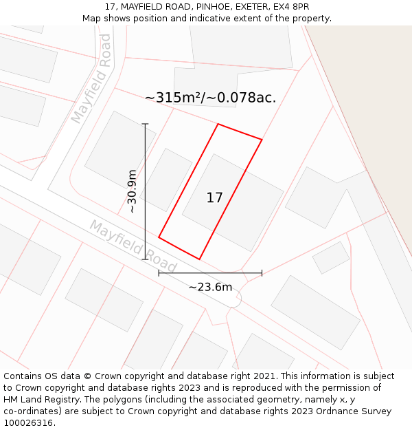 17, MAYFIELD ROAD, PINHOE, EXETER, EX4 8PR: Plot and title map