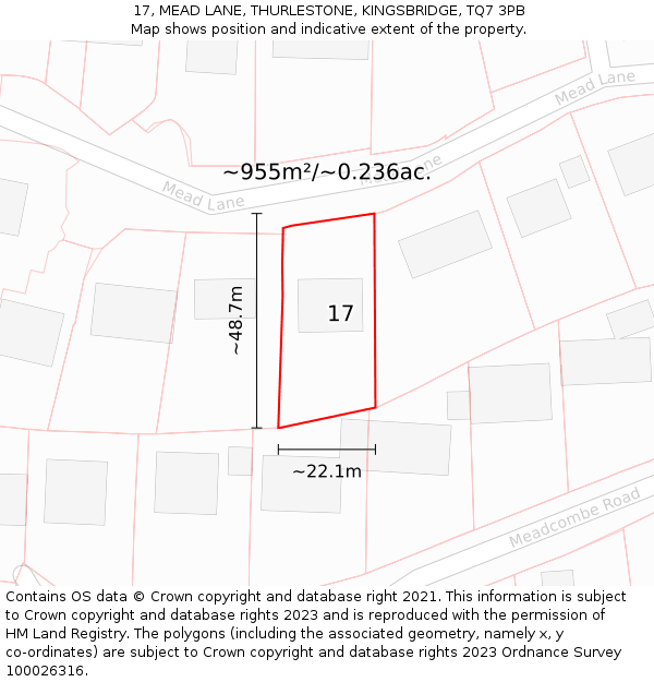 17, MEAD LANE, THURLESTONE, KINGSBRIDGE, TQ7 3PB: Plot and title map