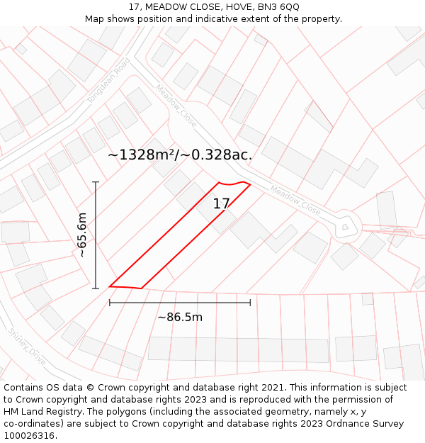 17, MEADOW CLOSE, HOVE, BN3 6QQ: Plot and title map