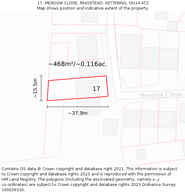 17, MEADOW CLOSE, RINGSTEAD, KETTERING, NN14 4TZ: Plot and title map