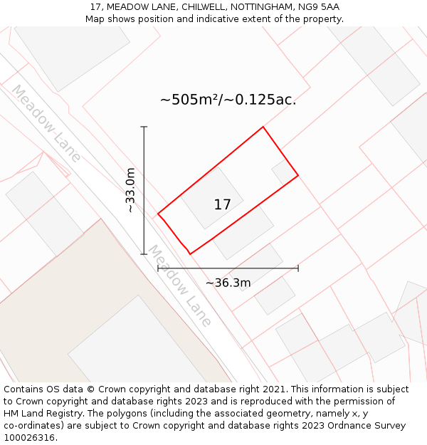 17, MEADOW LANE, CHILWELL, NOTTINGHAM, NG9 5AA: Plot and title map