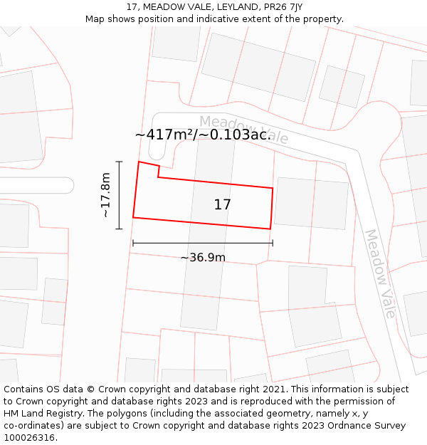 17, MEADOW VALE, LEYLAND, PR26 7JY: Plot and title map