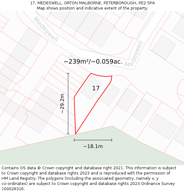 17, MEDESWELL, ORTON MALBORNE, PETERBOROUGH, PE2 5PA: Plot and title map