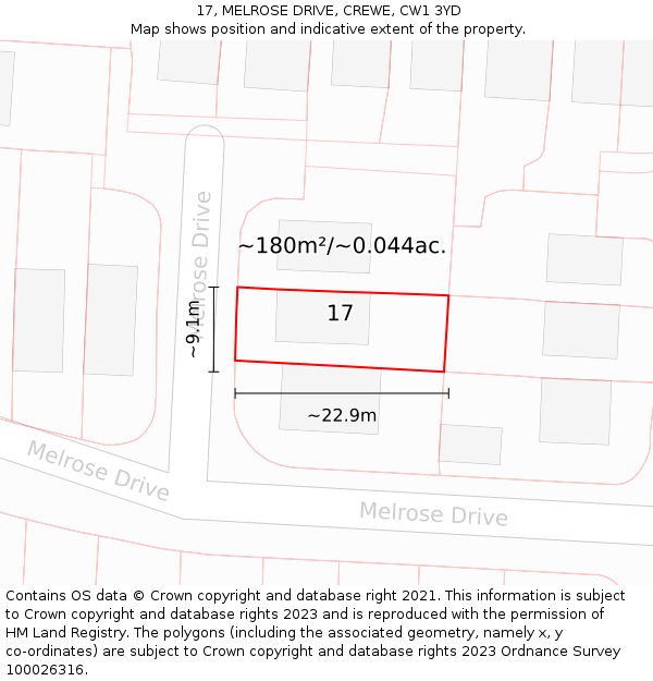 17, MELROSE DRIVE, CREWE, CW1 3YD: Plot and title map