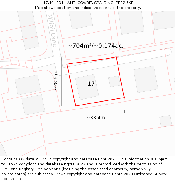 17, MILFOIL LANE, COWBIT, SPALDING, PE12 6XF: Plot and title map