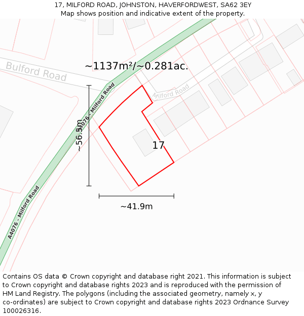 17, MILFORD ROAD, JOHNSTON, HAVERFORDWEST, SA62 3EY: Plot and title map