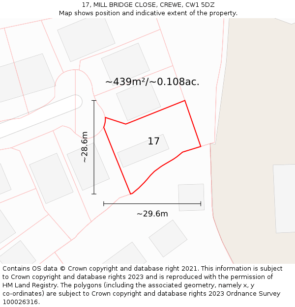 17, MILL BRIDGE CLOSE, CREWE, CW1 5DZ: Plot and title map