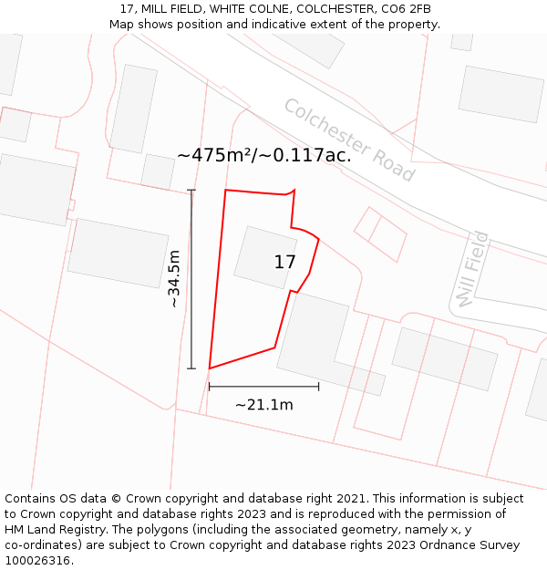 17, MILL FIELD, WHITE COLNE, COLCHESTER, CO6 2FB: Plot and title map