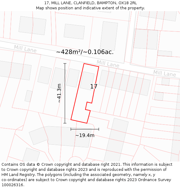 17, MILL LANE, CLANFIELD, BAMPTON, OX18 2RL: Plot and title map