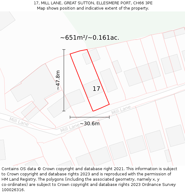 17, MILL LANE, GREAT SUTTON, ELLESMERE PORT, CH66 3PE: Plot and title map