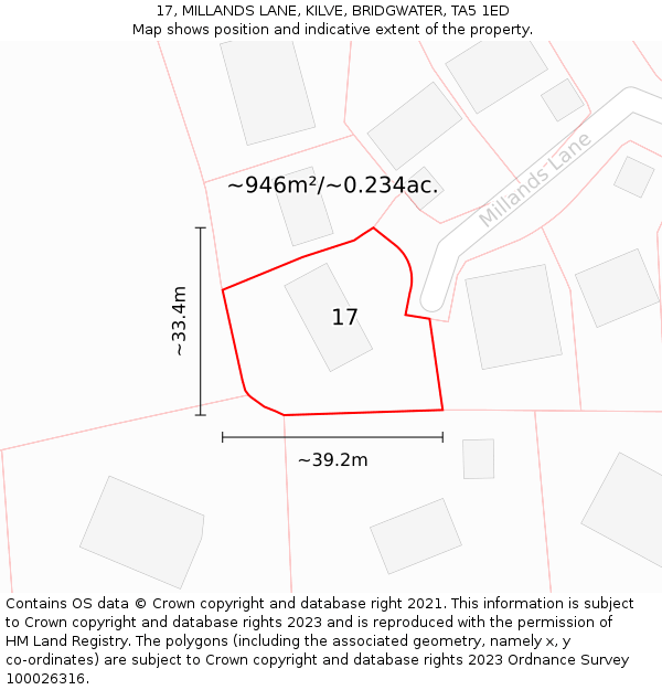 17, MILLANDS LANE, KILVE, BRIDGWATER, TA5 1ED: Plot and title map