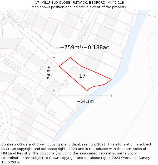 17, MILLFIELD CLOSE, FLITWICK, BEDFORD, MK45 1LB: Plot and title map