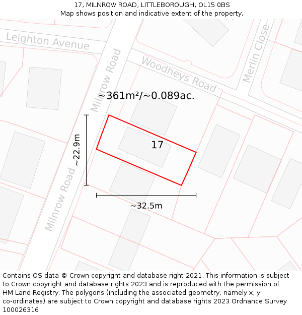 17, MILNROW ROAD, LITTLEBOROUGH, OL15 0BS: Plot and title map