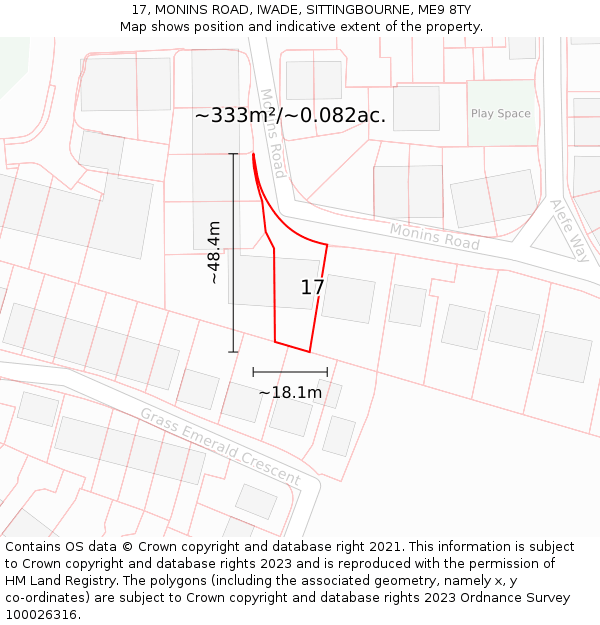 17, MONINS ROAD, IWADE, SITTINGBOURNE, ME9 8TY: Plot and title map