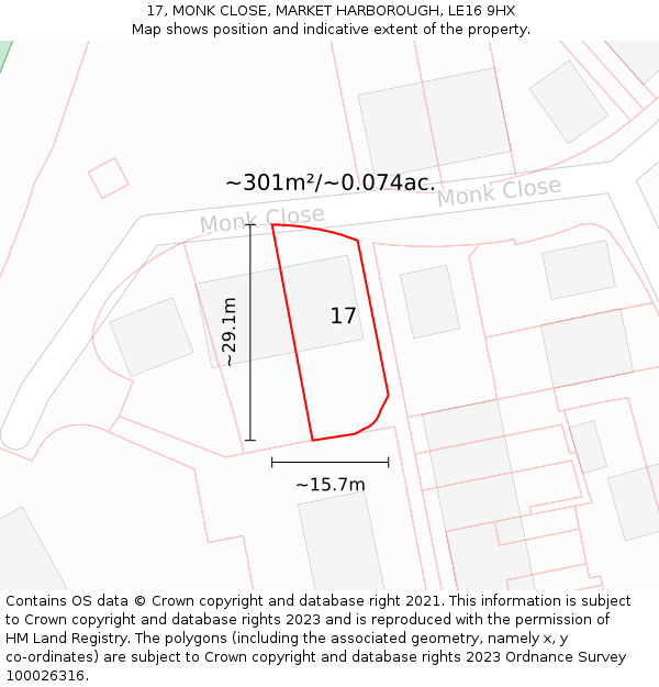 17, MONK CLOSE, MARKET HARBOROUGH, LE16 9HX: Plot and title map