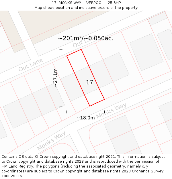 17, MONKS WAY, LIVERPOOL, L25 5HP: Plot and title map