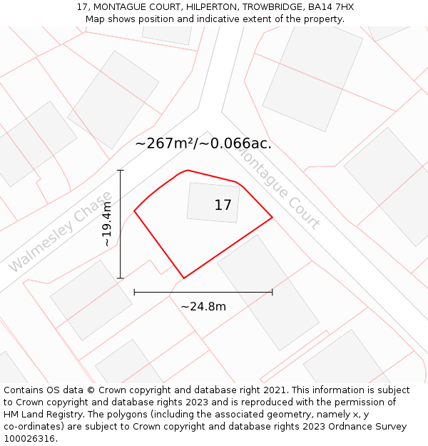 17, MONTAGUE COURT, HILPERTON, TROWBRIDGE, BA14 7HX: Plot and title map