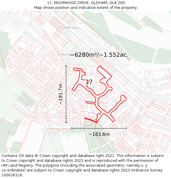 17, MOORWOOD DRIVE, OLDHAM, OL8 2XD: Plot and title map