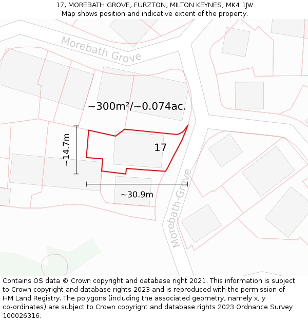 17, MOREBATH GROVE, FURZTON, MILTON KEYNES, MK4 1JW: Plot and title map