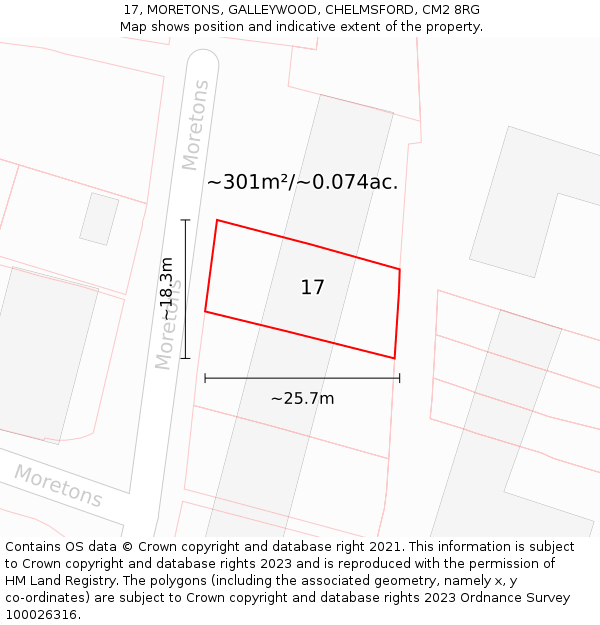 17, MORETONS, GALLEYWOOD, CHELMSFORD, CM2 8RG: Plot and title map