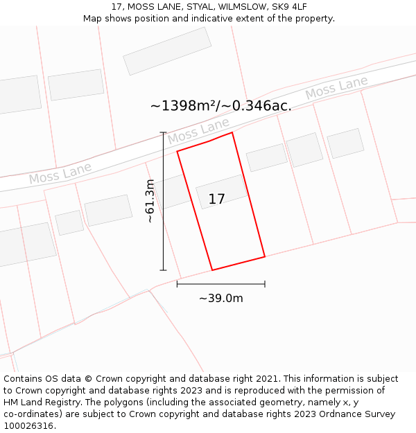 17, MOSS LANE, STYAL, WILMSLOW, SK9 4LF: Plot and title map