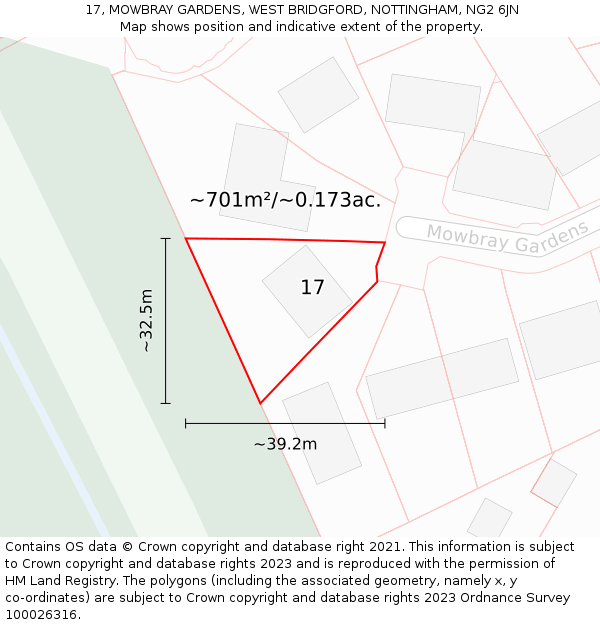 17, MOWBRAY GARDENS, WEST BRIDGFORD, NOTTINGHAM, NG2 6JN: Plot and title map