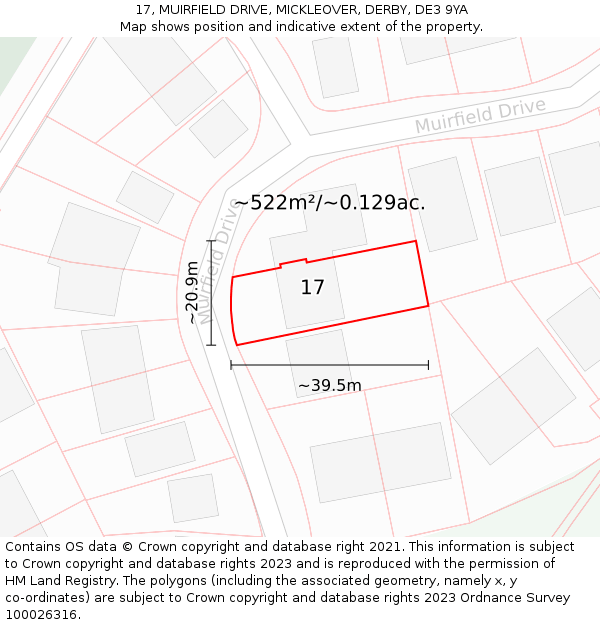 17, MUIRFIELD DRIVE, MICKLEOVER, DERBY, DE3 9YA: Plot and title map