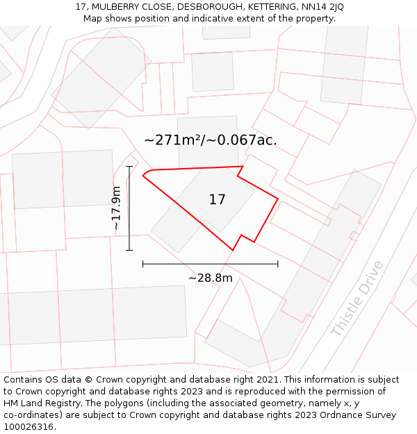 17, MULBERRY CLOSE, DESBOROUGH, KETTERING, NN14 2JQ: Plot and title map