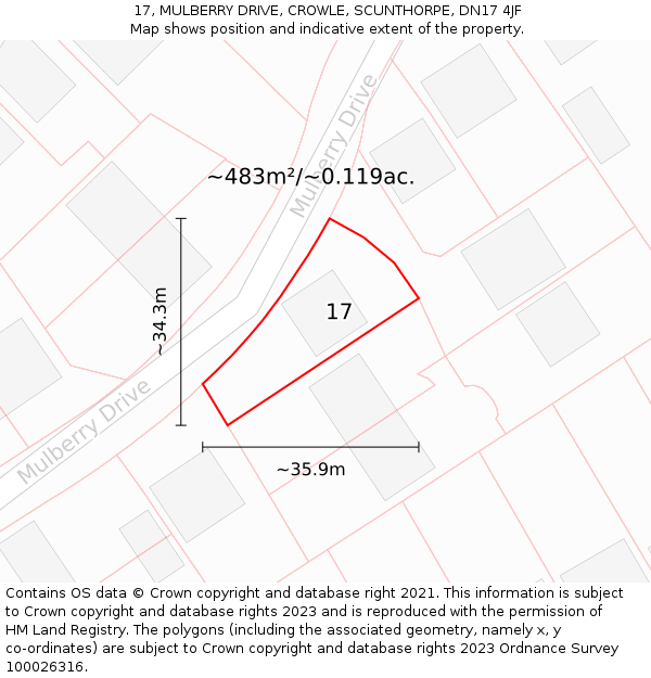 17, MULBERRY DRIVE, CROWLE, SCUNTHORPE, DN17 4JF: Plot and title map