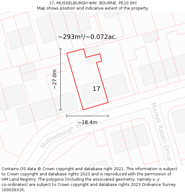 17, MUSSELBURGH WAY, BOURNE, PE10 0XY: Plot and title map