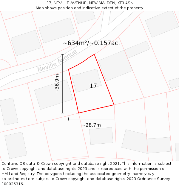 17, NEVILLE AVENUE, NEW MALDEN, KT3 4SN: Plot and title map