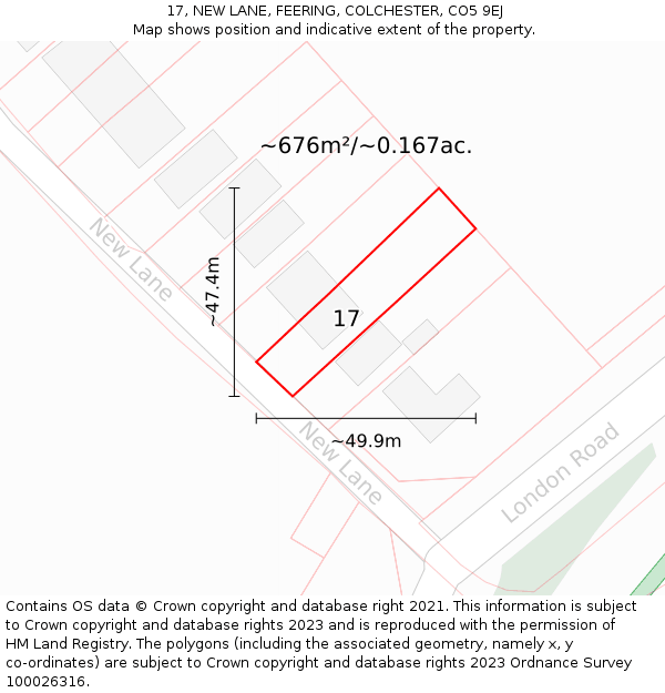 17, NEW LANE, FEERING, COLCHESTER, CO5 9EJ: Plot and title map