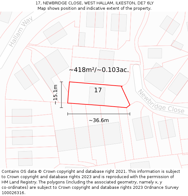 17, NEWBRIDGE CLOSE, WEST HALLAM, ILKESTON, DE7 6LY: Plot and title map